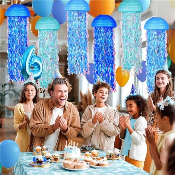 Blue Jellyfish Paper Lanterns Under The Sea Mermaid Baby Shower Party Decor - Picture 5 of 7